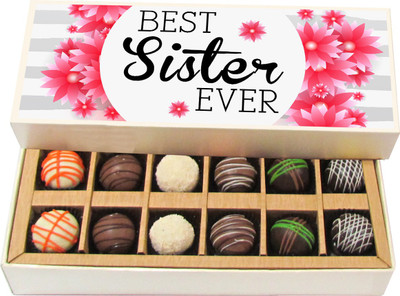 

Chocholik Rakhi Gift Box - Best Sis Ever - Dark, Milk, White Chocolate Truffles - 12pc Truffles(180 g)