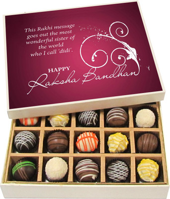 

Chocholik Rakhi Gift Box - The Most Wonderful Sister - Dark, Milk, White Chocolate Truffles - 20pc Truffles(300 g)