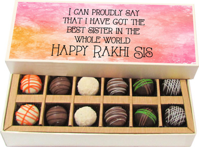 

Chocholik Rakshabandhan Gift Box - I Can Proudly Say That I Have Got the Best Sister - Dark, Milk, White Chocolate Truffles - 12pc Truffles(180 g)
