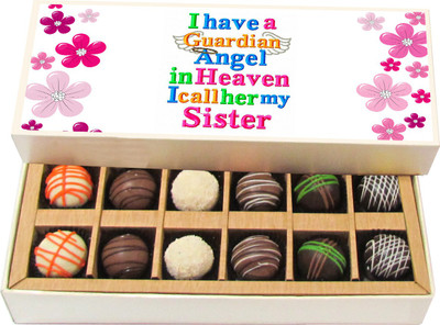 

Chocholik Rakshabandhan Gift Box - I Have a Guardian Angel in Heaven I Call Her My Sister - Dark, Milk, White Chocolate Truffles - 12pc Truffles(180 g)