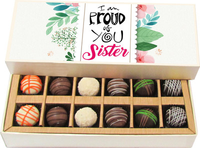 

Chocholik Rakshabandhan Gift Box - I Am Proud of You Sister - Dark, Milk, White Chocolate Truffles - 12pc Truffles(180 g)