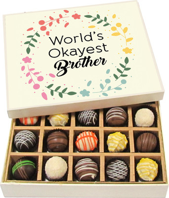 

Chocholik Rakhi Gift Box - Worlds Okayest Brother - Dark, Milk, White Chocolate Truffles - 20pc Truffles(300 g)