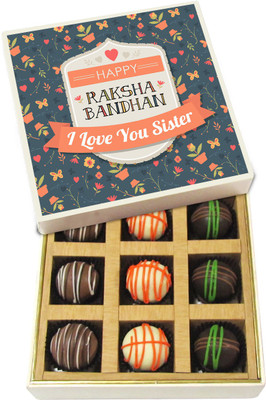 

Chocholik Rakhi Gift Box - Happy Raksha Bandhan Sister - Dark, Milk, White Chocolate Truffles - 9pc Truffles(135 g)