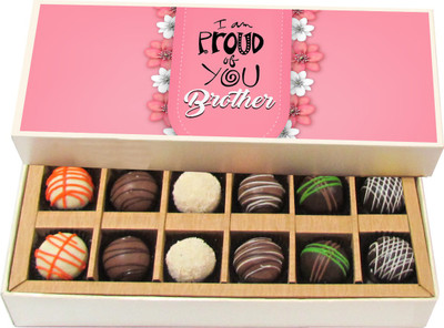 

Chocholik Rakhi Gift Box - I Am Proud of You Brother - Dark, Milk, White Chocolate Truffles - 12pc Truffles(180 g)