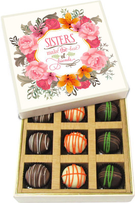 

Chocholik Rakhi Gift Box - Sisters Make the Best Friends - Dark, Milk, White Chocolate Truffles - 9pc Truffles(135 g)