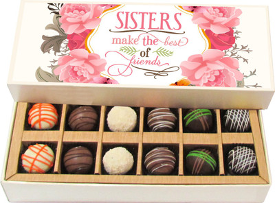 

Chocholik Rakhi Gift Box - Sisters Make the Best Friends - Dark, Milk, White Chocolate Truffles - 12pc Truffles(180 g)