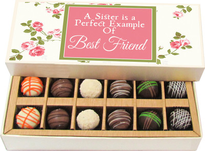 

Chocholik Rakshabandhan Gift Box - A Sister Is a Perfect Example of Best Friend - Dark, Milk, White Chocolate Truffles - 12pc Truffles(180 g)