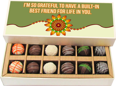 

Chocholik Rakshabandhan Gift Box - God Has Given Me the Most Precious Presents - Dark, Milk, White Chocolate Truffles - 12pc Truffles(180 g)