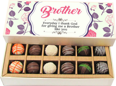 

Chocholik Rakhi Gift Box - Thank You God for Giving Me Brother Like You - Dark, Milk, White Chocolate Truffles - 12pc Truffles(180 g)