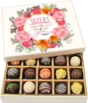 

Chocholik Rakhi Gift Box - Sisters Make the Best Friends - Dark, Milk, White Chocolate Truffles - 20pc Truffles(300 g)