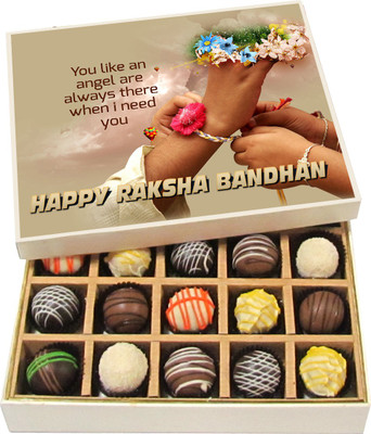 

Chocholik Rakhi Gift Box - You Like An Angel - Dark, Milk, White Chocolate Truffles - 20pc Truffles(300 g)