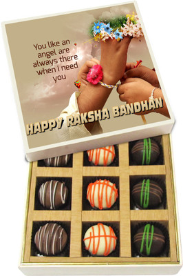 

Chocholik Rakhi Gift Box - You Like An Angel - Dark, Milk, White Chocolate Truffles - 9pc Truffles(135 g)