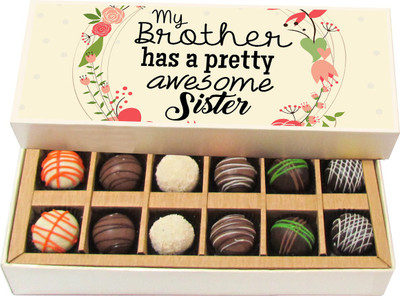 

Chocholik Rakhi Gift Box - My Brother Has a Awesome Sister - Dark, Milk, White Chocolate Truffles - 12pc Truffles(180 g)