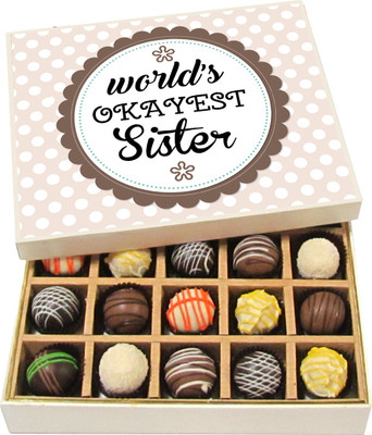 

Chocholik Rakshabandhan Gift Box - Worlds Okayest Sister - Dark, Milk, White Chocolate Truffles - 20pc Truffles(300 g)