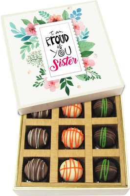

Chocholik Rakshabandhan Gift Box - I Am Proud of You Sister - Dark, Milk, White Chocolate Truffles - 9pc Truffles(135 g)