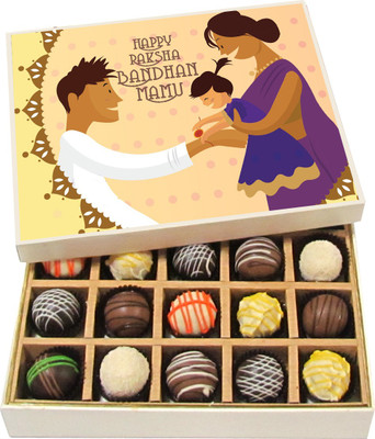 

Chocholik Rakhi Gift Box - Happy Raksha Bandhan Mamu - Dark, Milk, White Chocolate Truffles - 20pc Truffles(300 g)