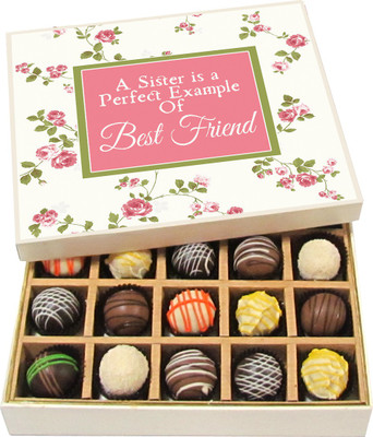 

Chocholik Rakshabandhan Gift Box - A Sister Is a Perfect Example of Best Friend - Dark, Milk, White Chocolate Truffles - 20pc Truffles(300 g)