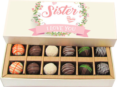 

Chocholik Rakhi Gift Box - Sister I Love You - Dark, Milk, White Chocolate Truffles - 12pc Truffles(180 g)