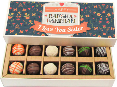 

Chocholik Rakhi Gift Box - Happy Raksha Bandhan Sister - Dark, Milk, White Chocolate Truffles - 12pc Truffles(180 g)