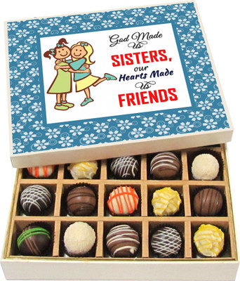 

Chocholik Rakshabandhan Gift Box - God Made Us Sisters Our Hearts Made Us Friends - Dark, Milk, White Chocolate Truffles - 20pc Truffles(300 g)
