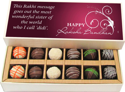 

Chocholik Rakhi Gift Box - The Most Wonderful Sister - Dark, Milk, White Chocolate Truffles - 12pc Truffles(180 g)