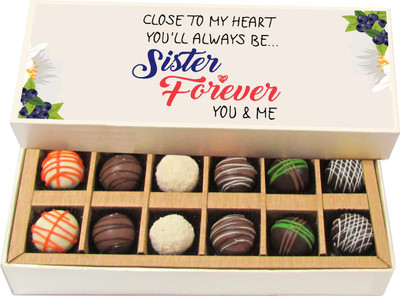 

Chocholik Rakhi Gift Box - Always Close to My Heart Sister Forever - Dark, Milk, White Chocolate Truffles - 12pc Truffles(180 g)