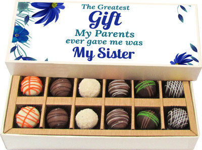 

Chocholik Rakshabandhan Gift Box - The Greatest Gift My Parents Ever Gave Me Was My Sister - Dark, Milk, White Chocolate Truffles - 12pc Truffles(180 g)