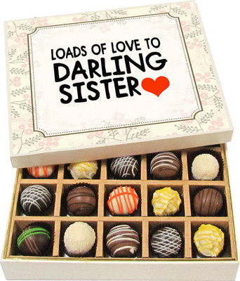 

Chocholik Rakshabandhan Gift Box - Loads of Love to Darling Sister - Dark, Milk, White Chocolate Truffles - 20pc Truffles(300 g)