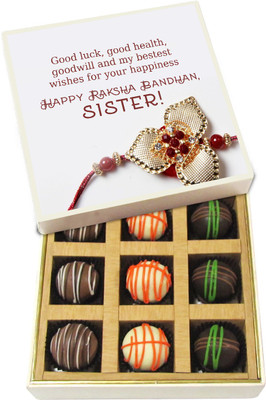 

Chocholik Rakhi Gift Box - Good Luck, Good Health My Bestest Wishes - Dark, Milk, White Chocolate Truffles - 9pc Truffles(135 g)