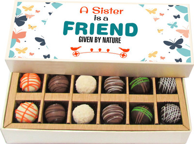 

Chocholik Rakshabandhan Gift Box - A Sister Is a Friend Given by Nature - Dark, Milk, White Chocolate Truffles - 12pc Truffles(180 g)