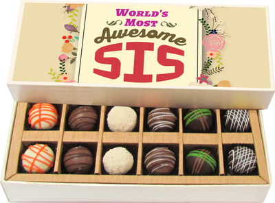 

Chocholik Rakshabandhan Gift Box - Worlds Most Awesome Sis - Dark, Milk, White Chocolate Truffles - 12pc Truffles(180 g)