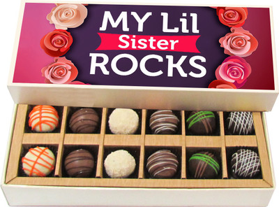 

Chocholik Rakshabandhan Gift Box - My Lil Sis Rocks - Dark, Milk, White Chocolate Truffles - 12pc Truffles(180 g)