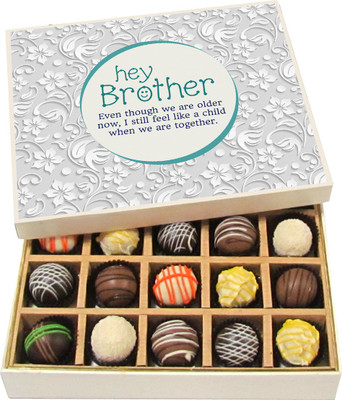 

Chocholik Rakshabandhan Gift Box - Hey Brother Even Though We Are Older Now - Dark, Milk, White Chocolate Truffles - 20pc Truffles(300 g)