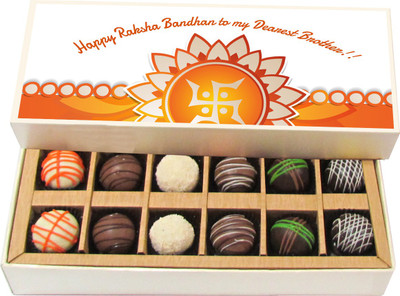

Chocholik Rakhi Gift Box - Happy Raksha Bandhan To My Dearest Brother!! - Dark, Milk, White Chocolate Truffles - 12pc Truffles(180 g)