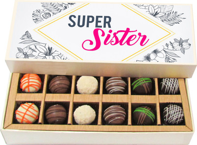 

Chocholik Rakhi Gift Box - Super Sister - Dark, Milk, White Chocolate Truffles - 12pc Truffles(180 g)