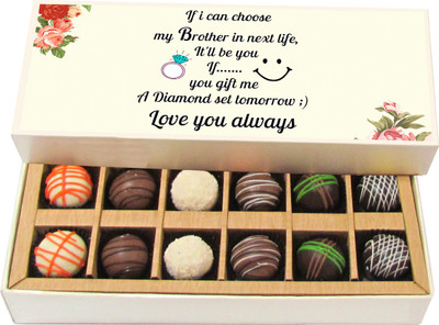 

Chocholik Rakshabandhan Gift Box - If I Can Choose My Brother in Next Life, It's Be You - Dark, Milk, White Chocolate Truffles - 12pc Truffles(180 g)