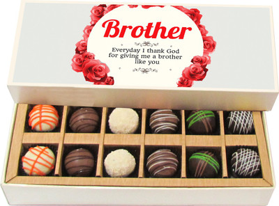 

Chocholik Rakshabandhan Gift Box - Brother Everyday I Thank God - Dark, Milk, White Chocolate Truffles - 12pc Truffles(180 g)