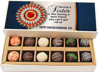 

Chocholik Rakhi Gift Box - Having A Sister Is Like Having A Best Friend - Dark, Milk, White Chocolate Truffles - 12pc Truffles(180 g)