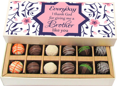 

Chocholik Rakshabandhan Gift Box - Everyday I Thank God for Giving Me a Brother Like You - Dark, Milk, White Chocolate Truffles - 12pc Truffles(180 g)
