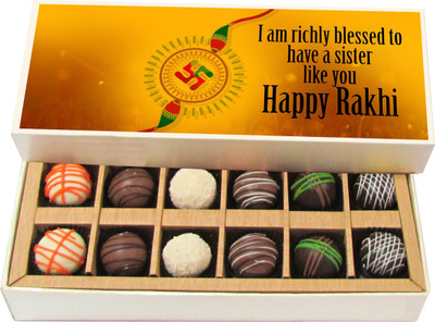 

Chocholik Rakshabandhan Gift Box - I Am Richly Blessed to Have a Sister Like You - Dark, Milk, White Chocolate Truffles - 12pc Truffles(180 g)