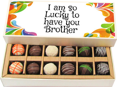 

Chocholik Rakshabandhan Gift Box - I Am So Lucky to Have You Brother - Dark, Milk, White Chocolate Truffles - 12pc Truffles(180 g)
