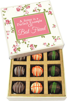 

Chocholik Rakhi Gift Box - A Sister Is a Perfect Example of Best Friend - Dark, Milk, White Chocolate Truffles - 9pc Truffles(135 g)