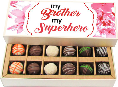 

Chocholik Rakhi Gift Box - My Brother My Superhero - Dark, Milk, White Chocolate Truffles - 12pc Truffles(180 g)
