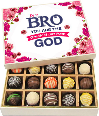 

Chocholik Rakshabandhan Gift Box - Dear Bro You Are the Greatest Gift From God - Dark, Milk, White Chocolate Truffles - 20pc Truffles(300 g)