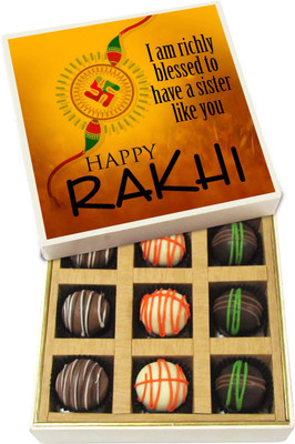 

Chocholik Rakshabandhan Gift Box - I Am Richly Blessed to Have a Sister Like You - Dark, Milk, White Chocolate Truffles - 9pc Truffles(135 g)