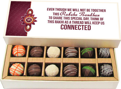 

Chocholik Rakshabandhan Gift Box - Rakhi as a Thread Will Keep Us Connected - Dark, Milk, White Chocolate Truffles - 12pc Truffles(180 g)