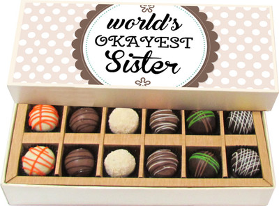 

Chocholik Rakshabandhan Gift Box - Worlds Okayest Sister - Dark, Milk, White Chocolate Truffles - 12pc Truffles(180 g)