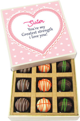 

Chocholik Rakhi Gift Box - Sister You Are My Greatest Strength I Love You - Dark, Milk, White Chocolate Truffles - 9pc Truffles(135 g)