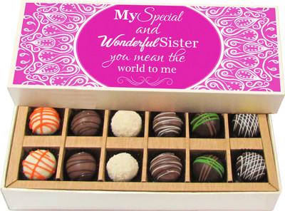 

Chocholik Rakshabandhan Gift Box - My Special and Wonderful Sister - Dark, Milk, White Chocolate Truffles - 12pc Truffles(180 g)