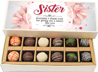 

Chocholik Rakshabandhan Gift Box - Everyday I Thank God for Giving Me as Sister - Dark, Milk, White Chocolate Truffles - 12pc Truffles(180 g)